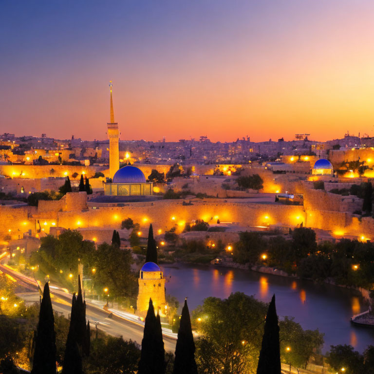 Ancient Cityscape with Illuminated Structures at Sunset