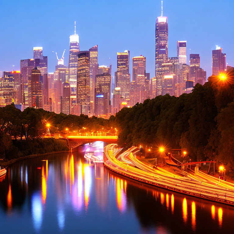 Night cityscape with glowing skyscrapers, winding river, and vehicle light trails