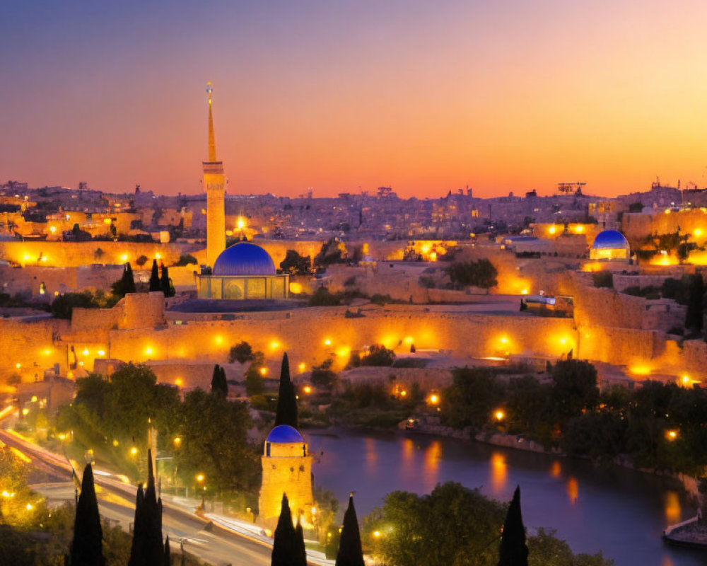 Ancient Cityscape with Illuminated Structures at Sunset