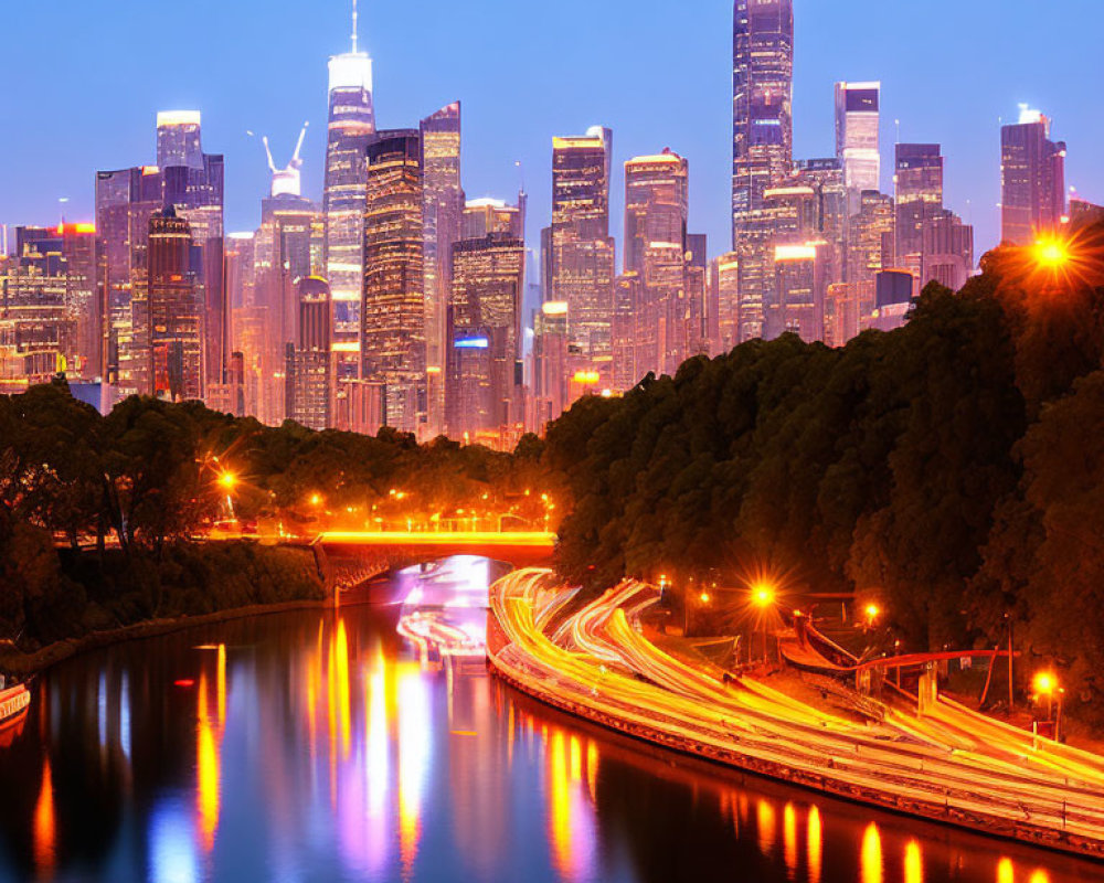 Night cityscape with glowing skyscrapers, winding river, and vehicle light trails