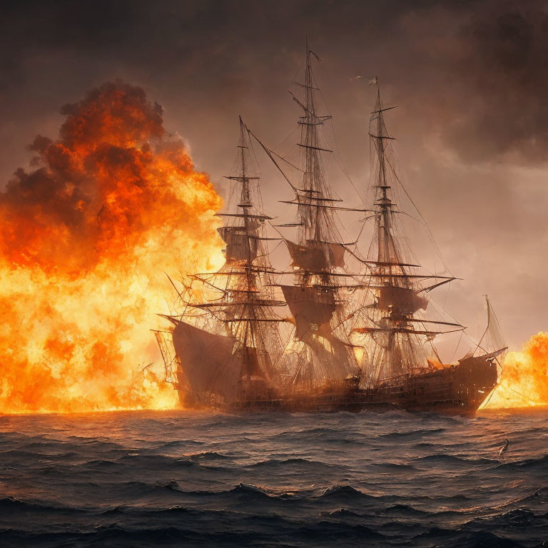 Sailing ship in turbulent seas with massive fireball explosion