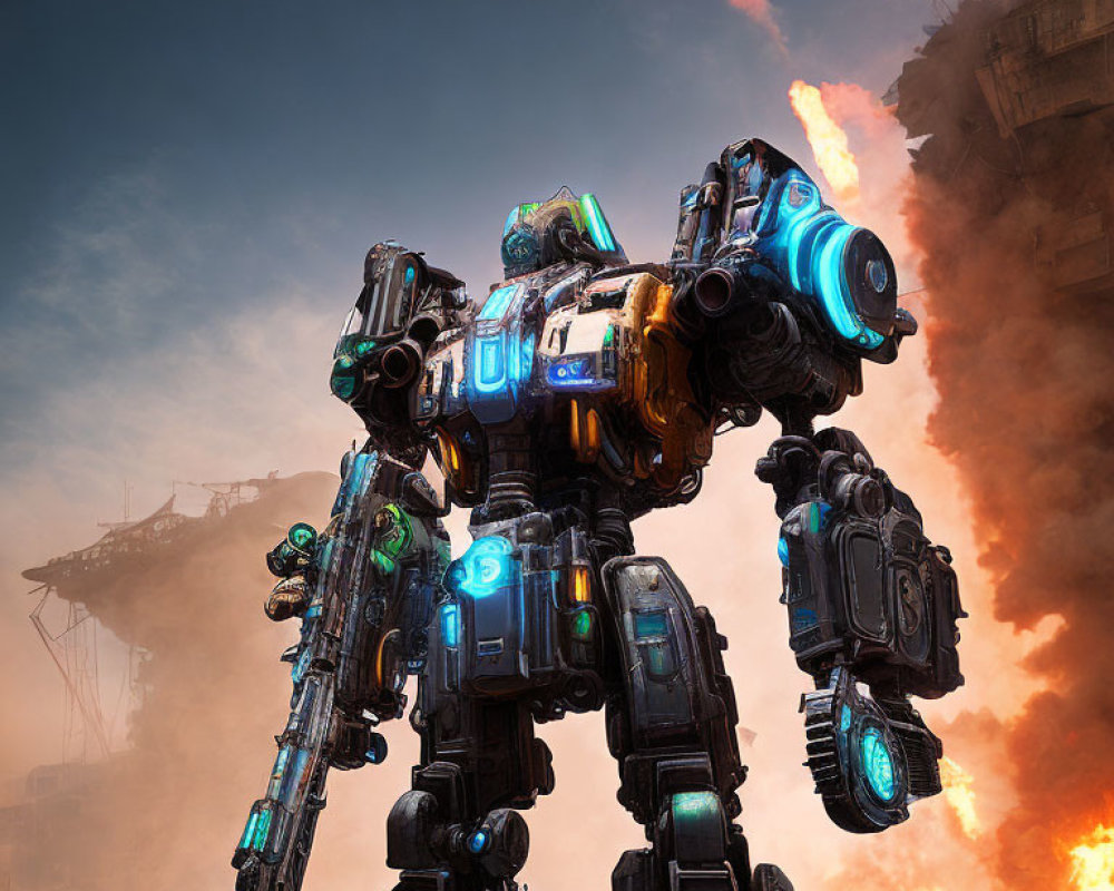 Gigantic robot in blue and black armor wields cannon in fiery battlefield