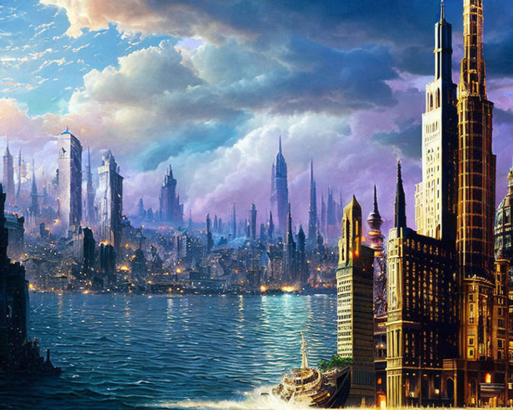 Futuristic cityscape artwork with illuminated skyscrapers at dusk