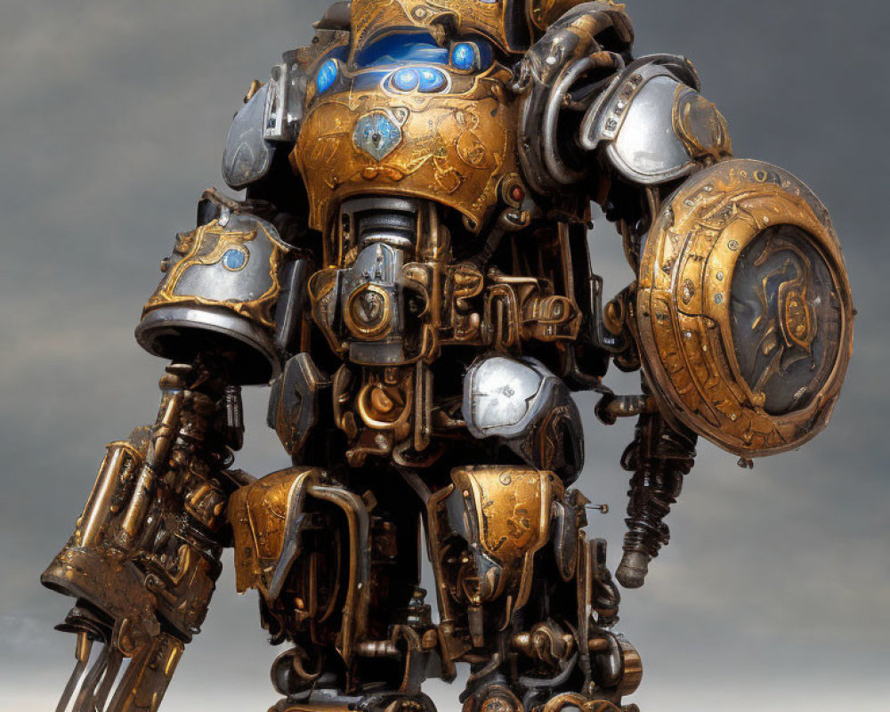 Detailed Stylized Ornate Robot Design with Gold and Blue Patterns on Moody Sky