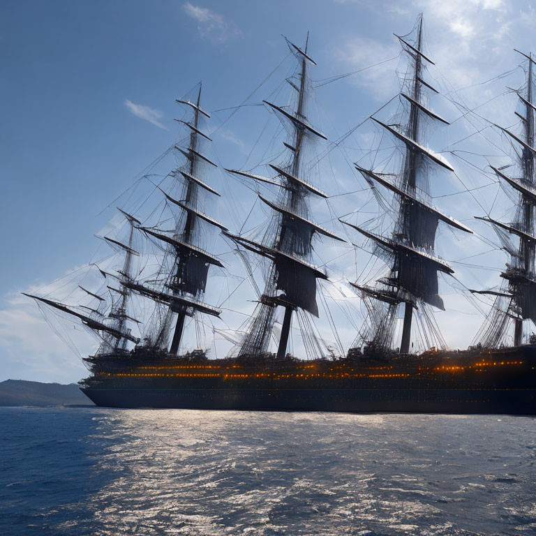 Majestic tall ship with multiple masts sailing on shimmering ocean