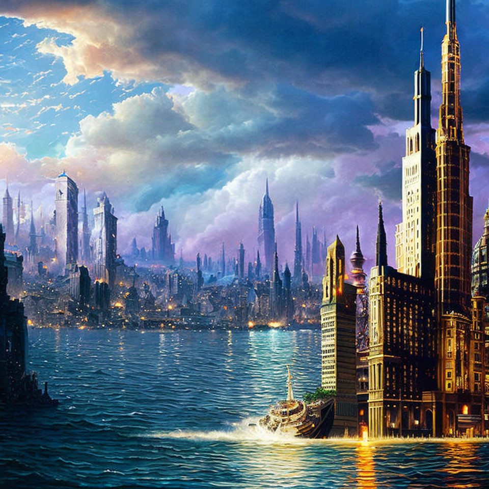 Futuristic cityscape artwork with illuminated skyscrapers at dusk