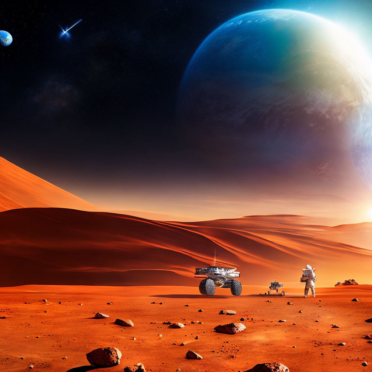 Astronaut and rover explore alien planet with sand dunes and starry sky