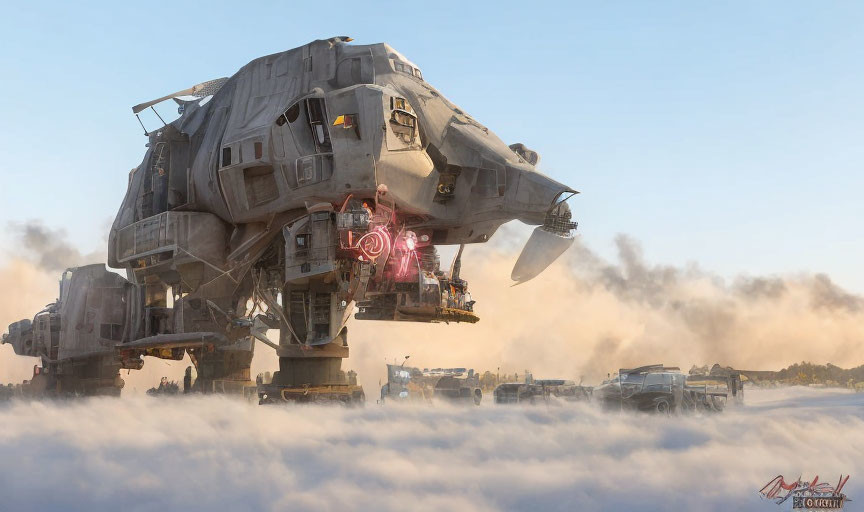 Giant Mechanical Quadruped Walker in Dusty Landscape