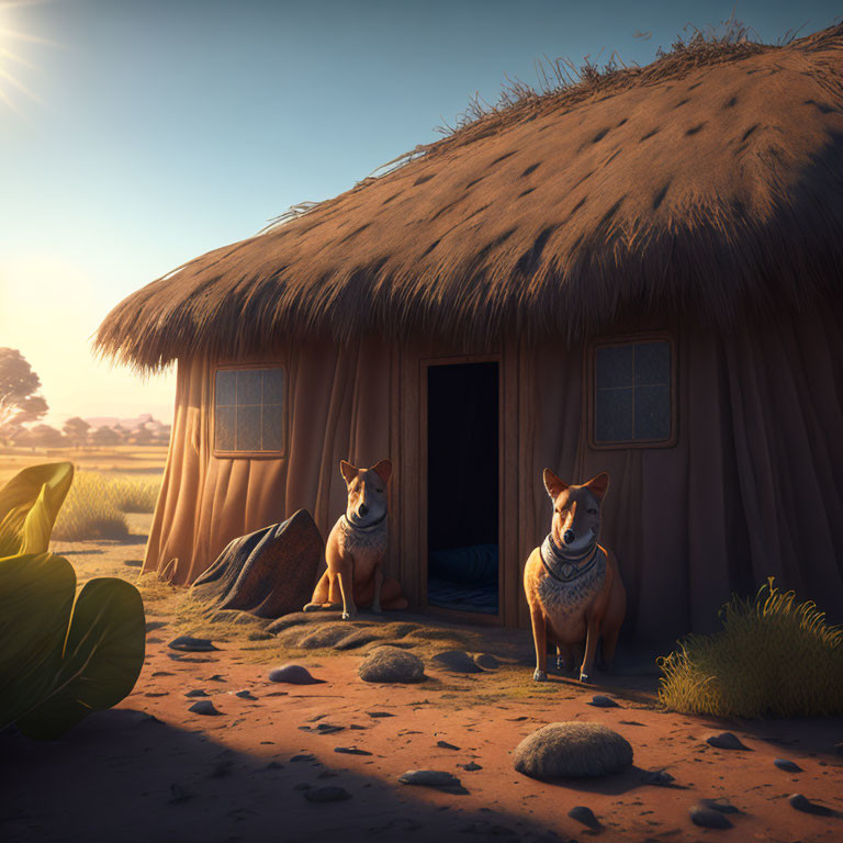 Two corgis at sunrise by a thatched-roof hut - one sitting, one standing guard