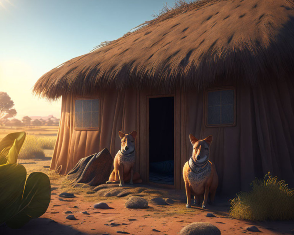 Two corgis at sunrise by a thatched-roof hut - one sitting, one standing guard