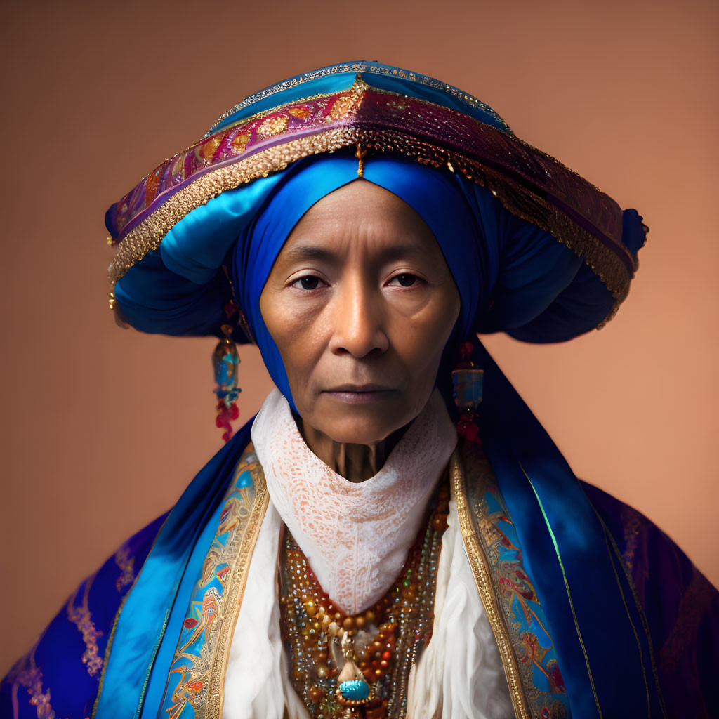 Traditional portrait of person in blue turban and robe with jewels and beads on tan background