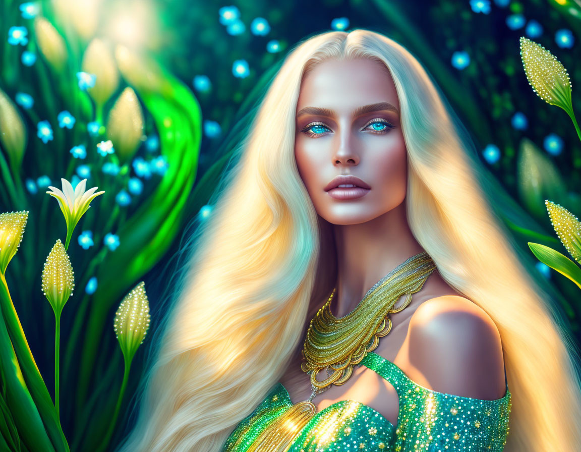 Blonde Woman with Blue Eyes in Nature Scene