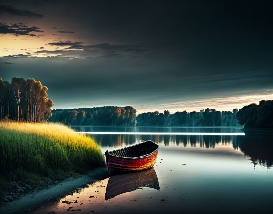 Tranquil red boat on calm waters near grassy shore