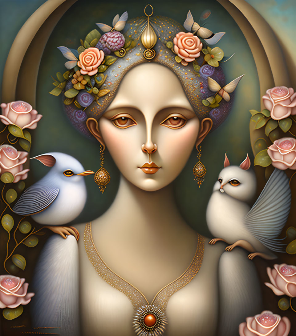 Mystical female figure with elaborate headpiece and birds against floral halo.