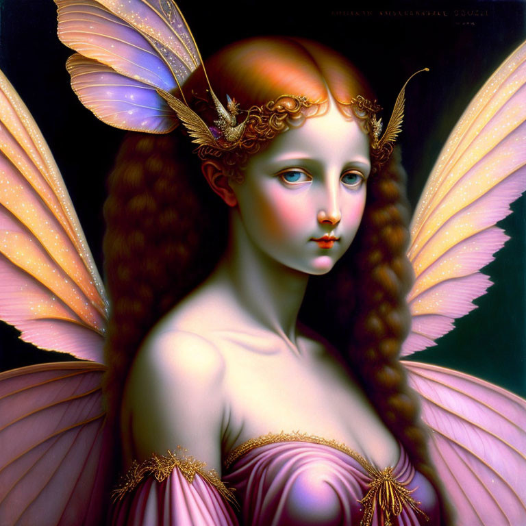 Ethereal female fantasy portrait with butterfly wings and ornate antennae