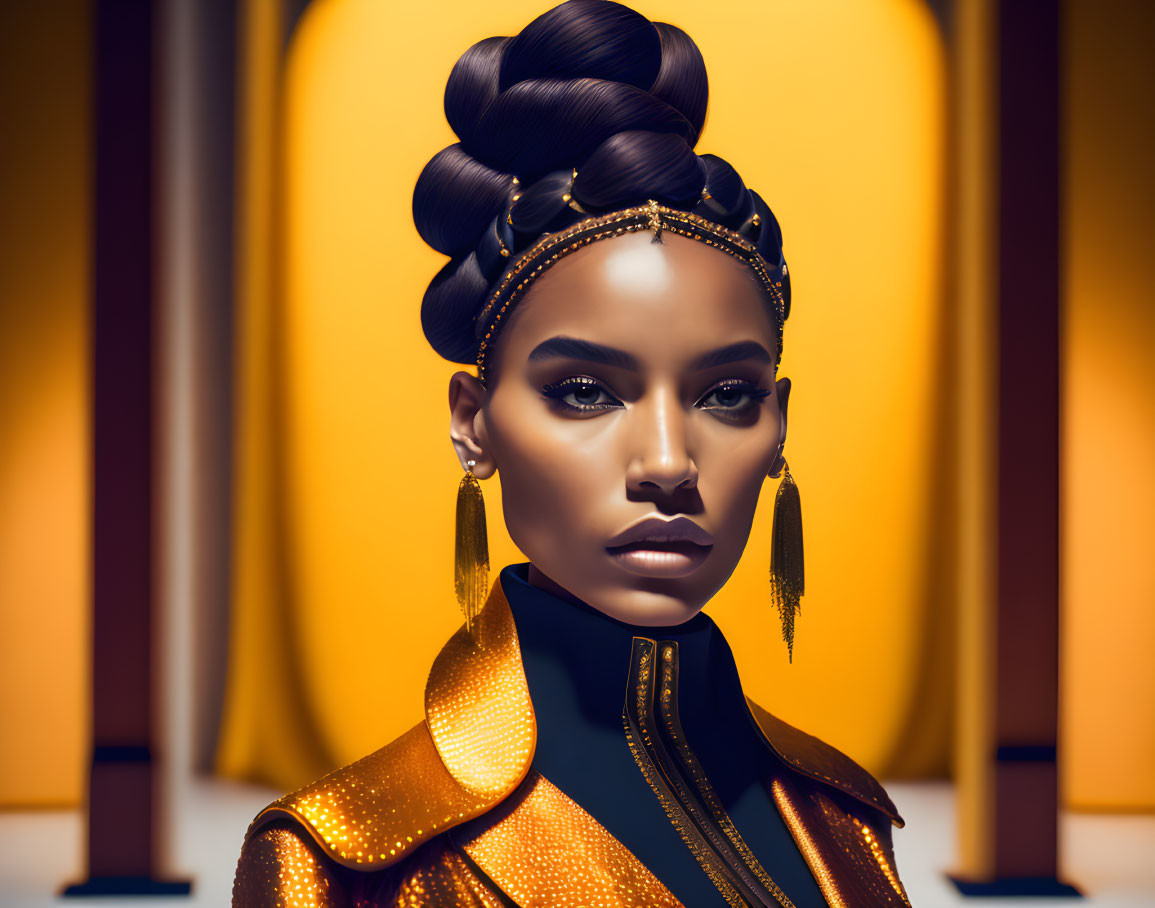 Digital Art Portrait of Woman with Stylized Updo and Metallic Orange Outfit