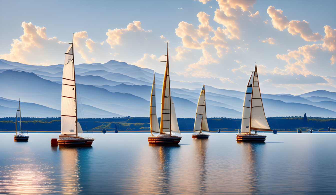 Sailboats with white sails on calm waters at sunset