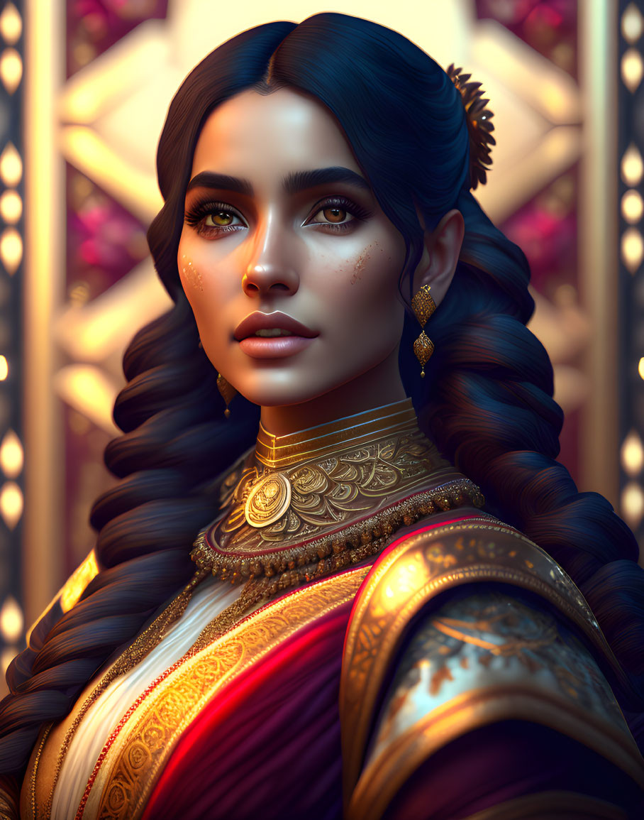 Digital portrait of woman with dark hair in braids, gold jewelry, traditional attire, ornate background