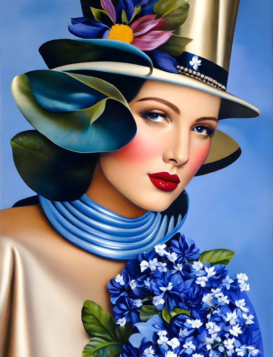 Stylized woman in silver top hat with floral accents and blue turtleneck