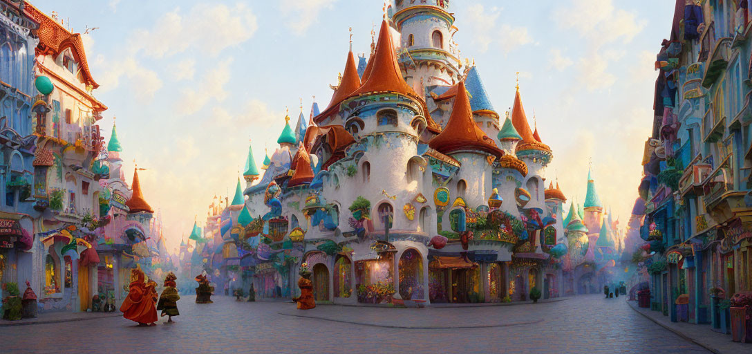 Colorful Fairy-Tale Street with Whimsical Buildings and Peaceful Figures