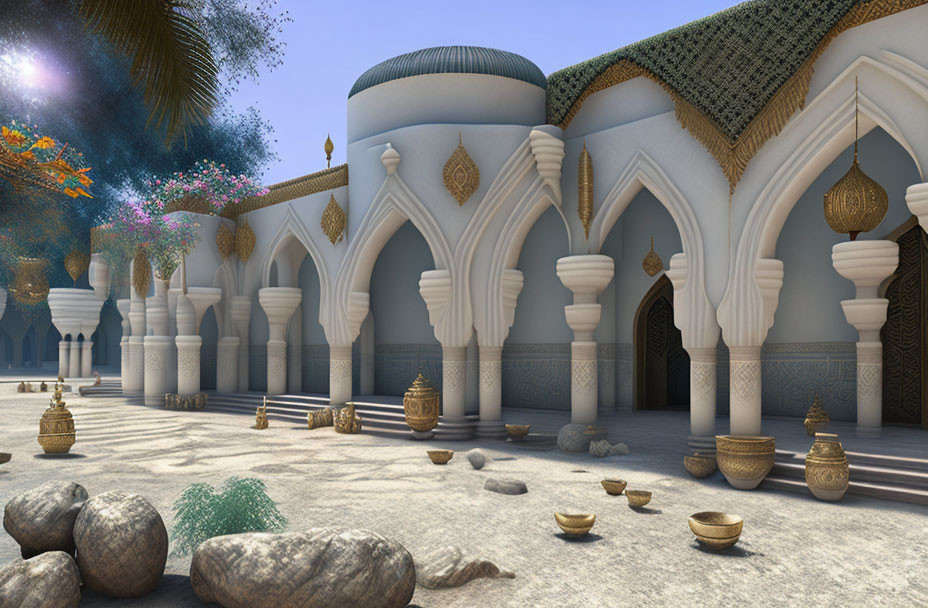 Ornate palace with arches, domes, and columns in serene setting