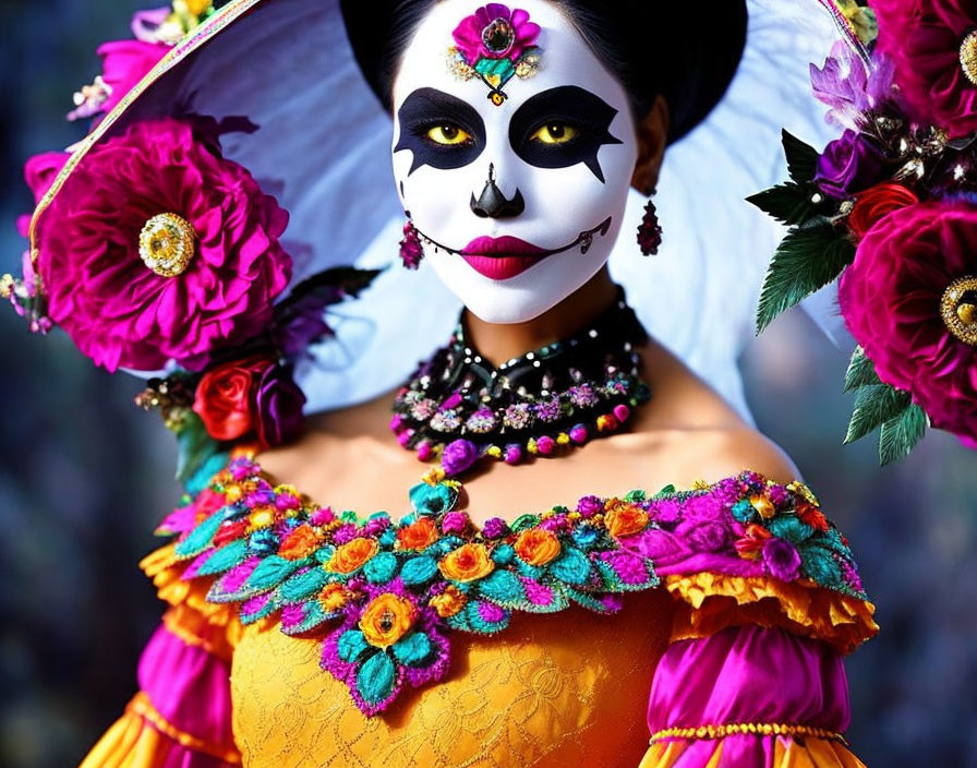 Elaborate skull makeup with vibrant costume and floral accents