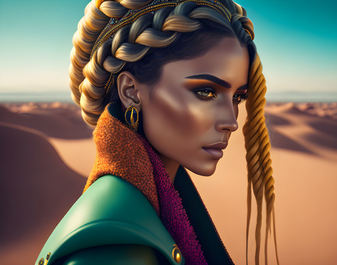 Woman with Elaborate Braids and Golden Earrings in Teal and Orange Outfit in Desert