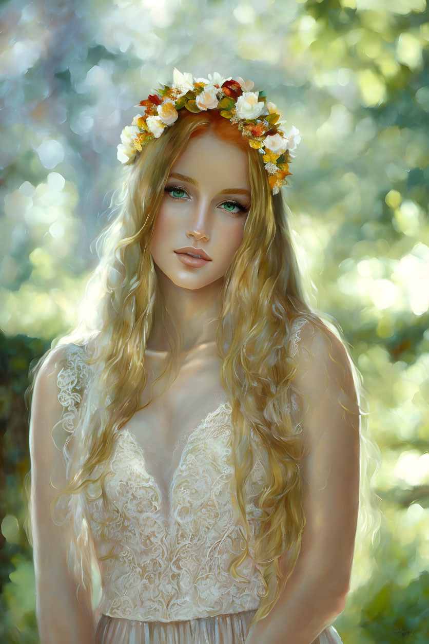 Blonde Woman in White Lace Dress with Flower Crown in Forest