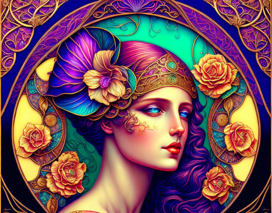 Illustration of Woman with Violet Hair and Golden Headpiece in Art Nouveau Style