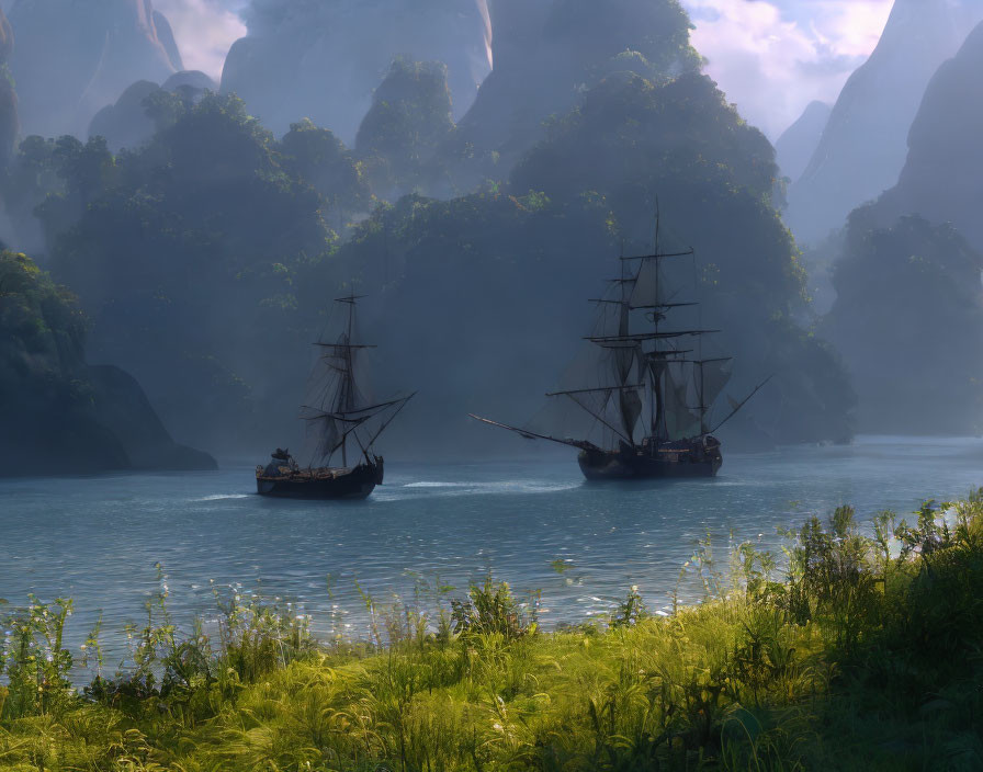 Sailing ships on serene river with misty cliffs