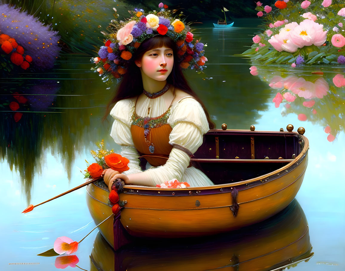 Woman with floral wreath in serene boat surrounded by flowers and calm waters.