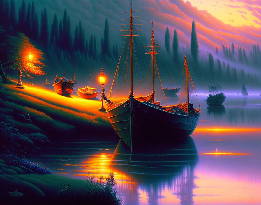 Tall ship and boats on calm river under twilight sky