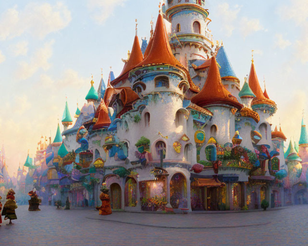 Colorful Fairy-Tale Street with Whimsical Buildings and Peaceful Figures