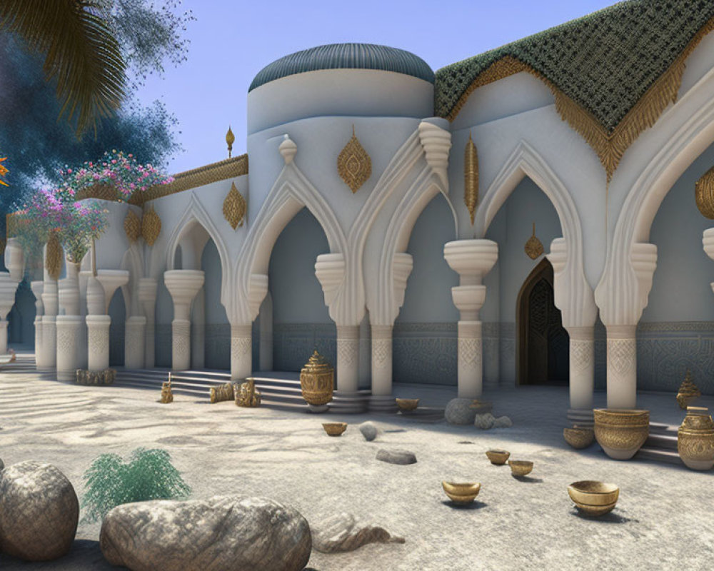 Ornate palace with arches, domes, and columns in serene setting