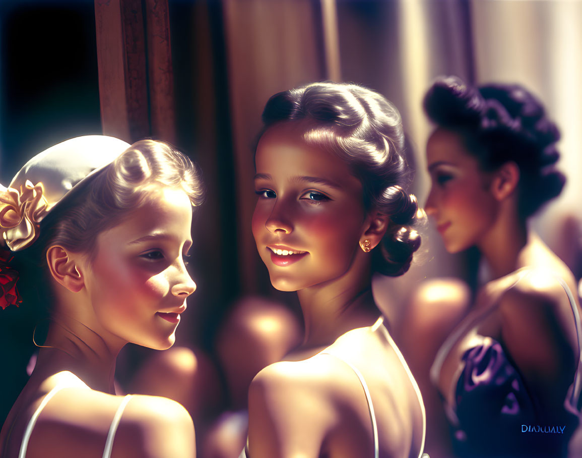 Vintage-style women in elegant attire conversing with soft-focus backdrop