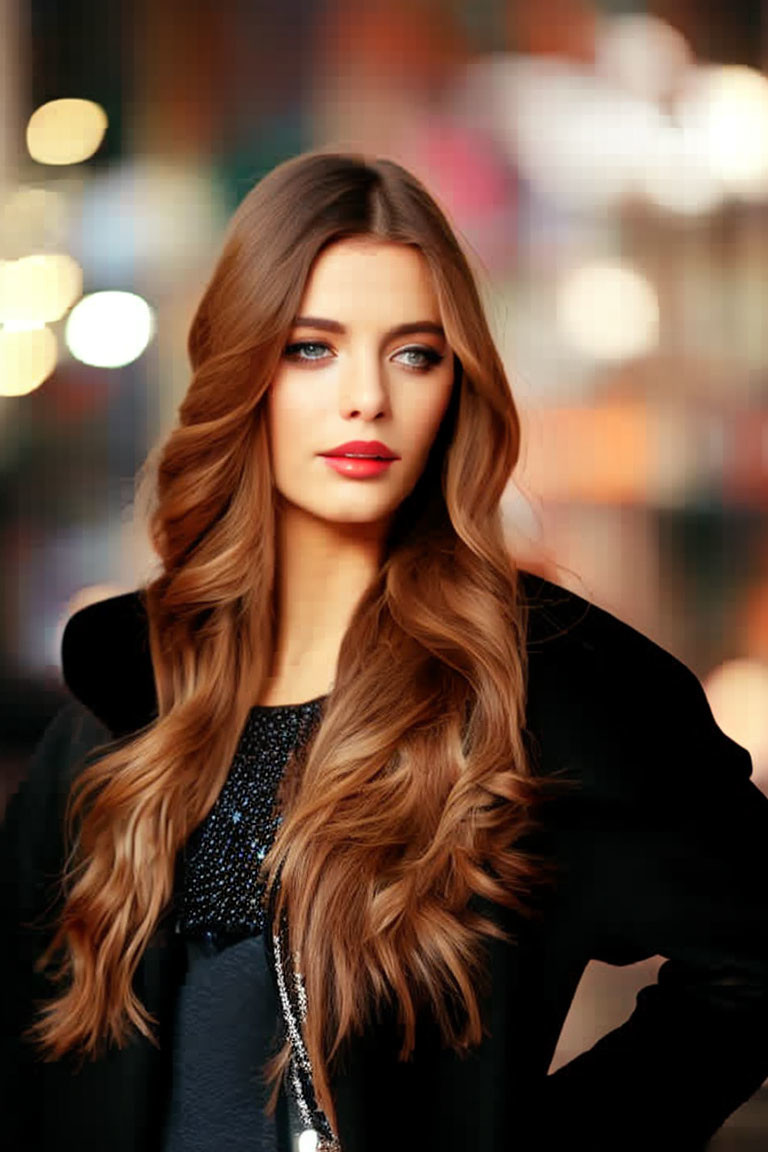 Woman with long wavy brown hair and red lipstick in black outfit against city lights.