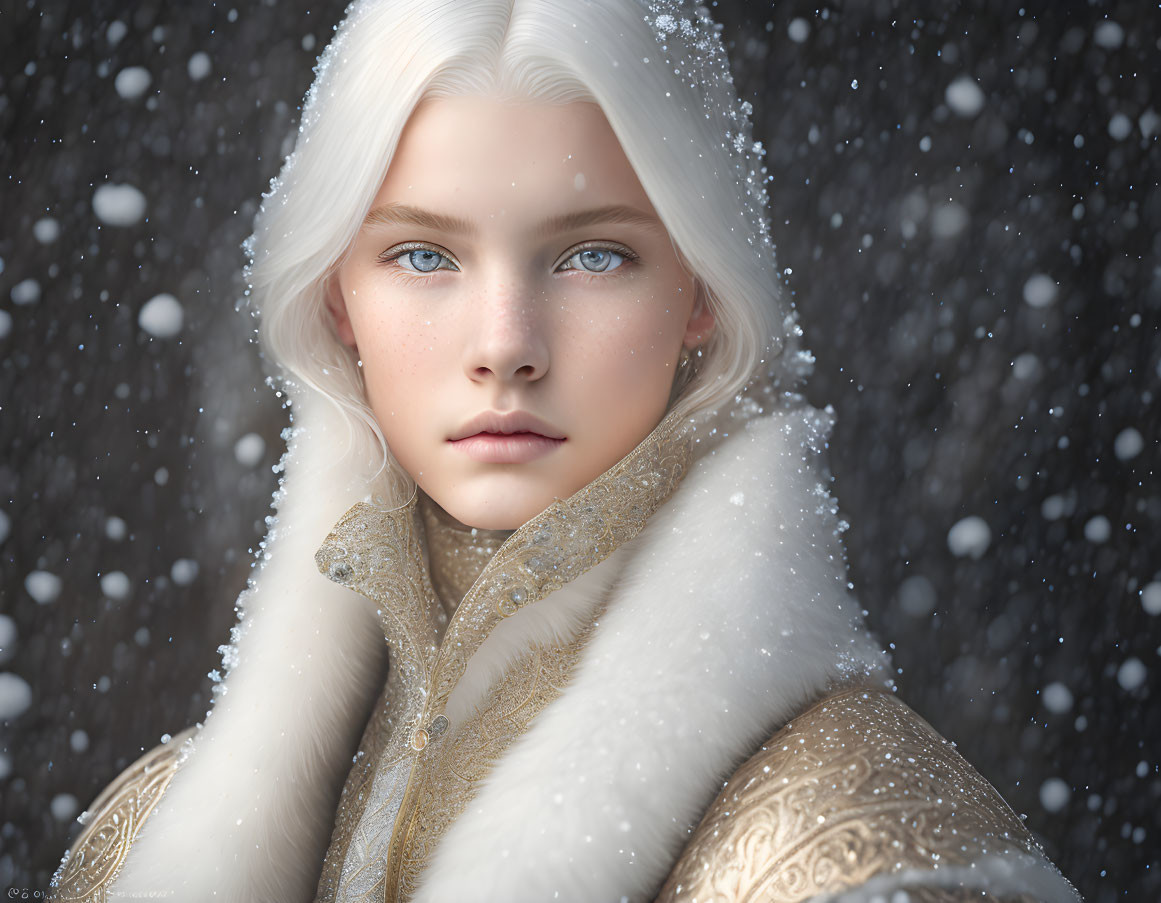 Portrait of young individual with platinum blonde hair and blue eyes in white coat in snowfall