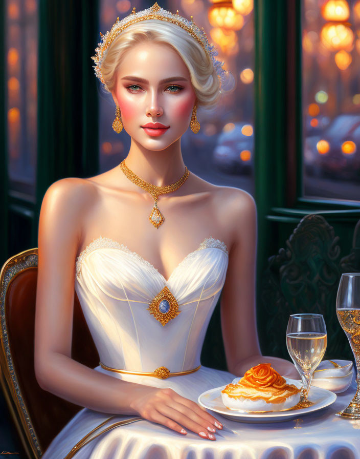 Blonde woman in white evening gown at table with wine and pastry