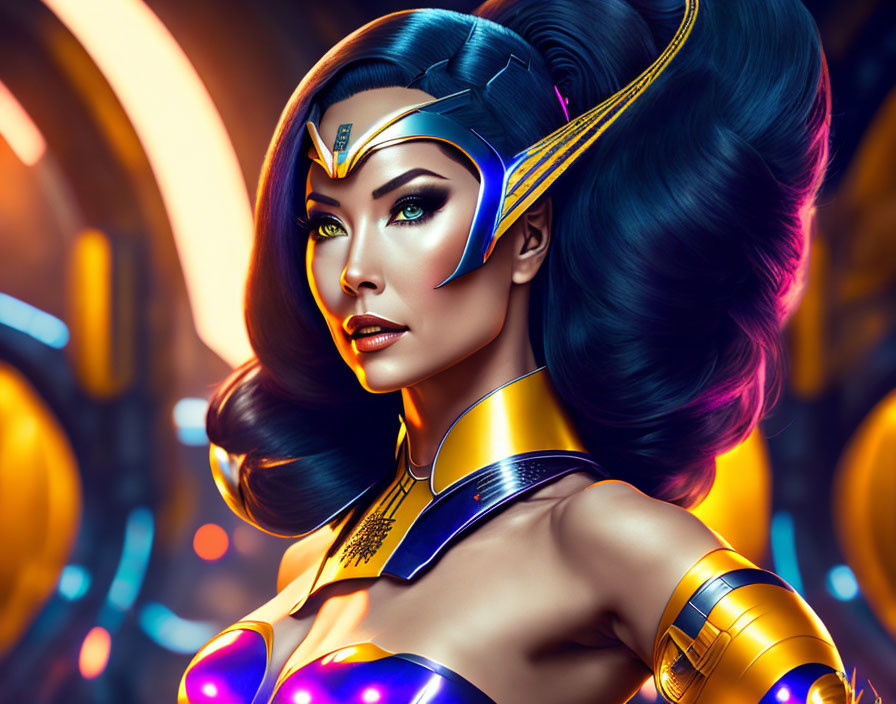 Female superhero illustration: tiara, wavy hair, futuristic armor, illuminated backdrop