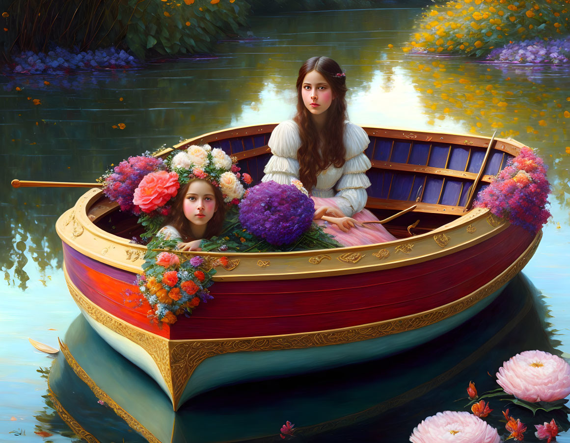 Women in decorative boat surrounded by colorful flowers on tranquil pond