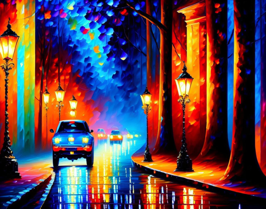 Colorful painting: Vibrant street scene at night with glowing lampposts, trees, and