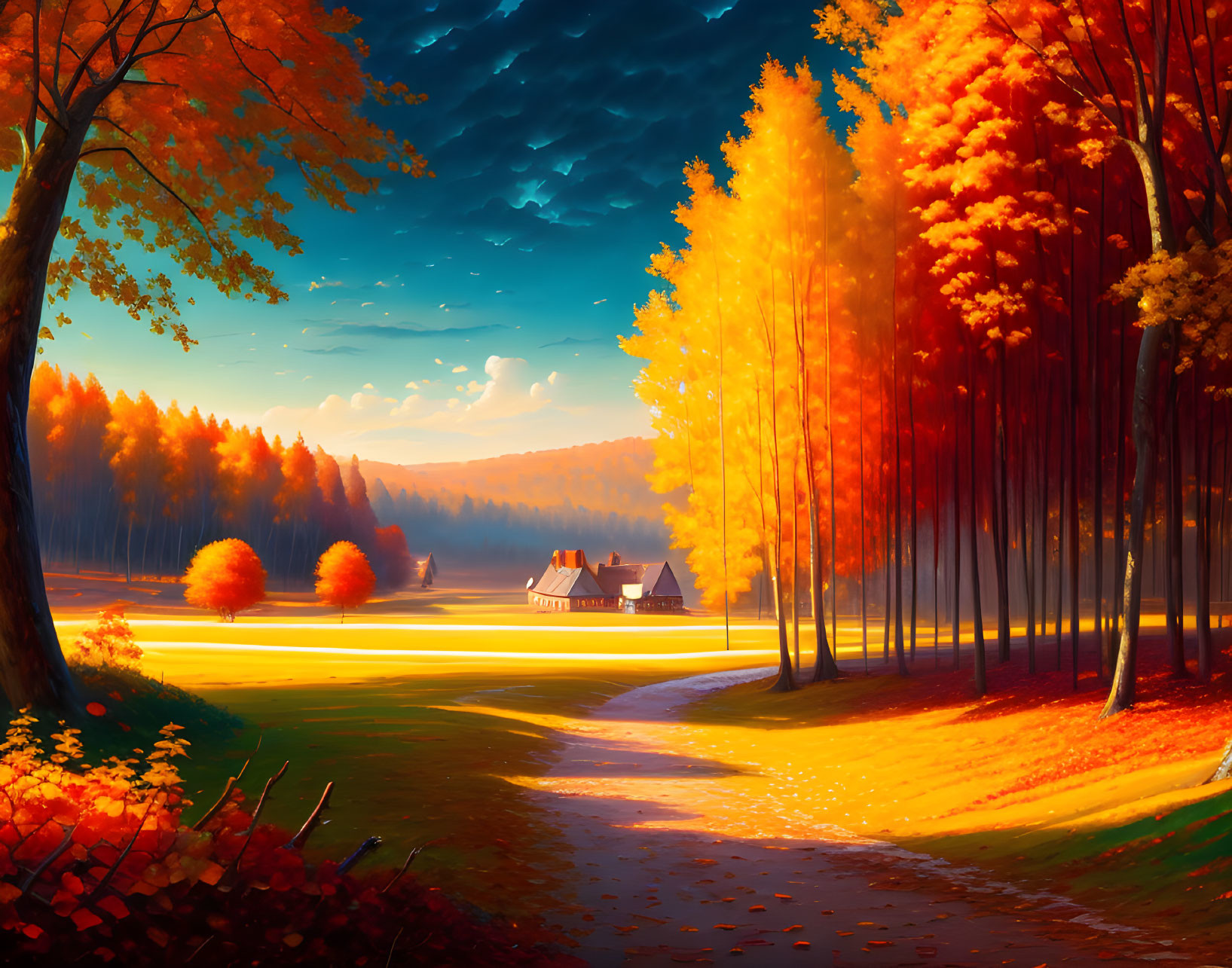 Vibrant autumn foliage, winding path, cozy cottage, blue sky