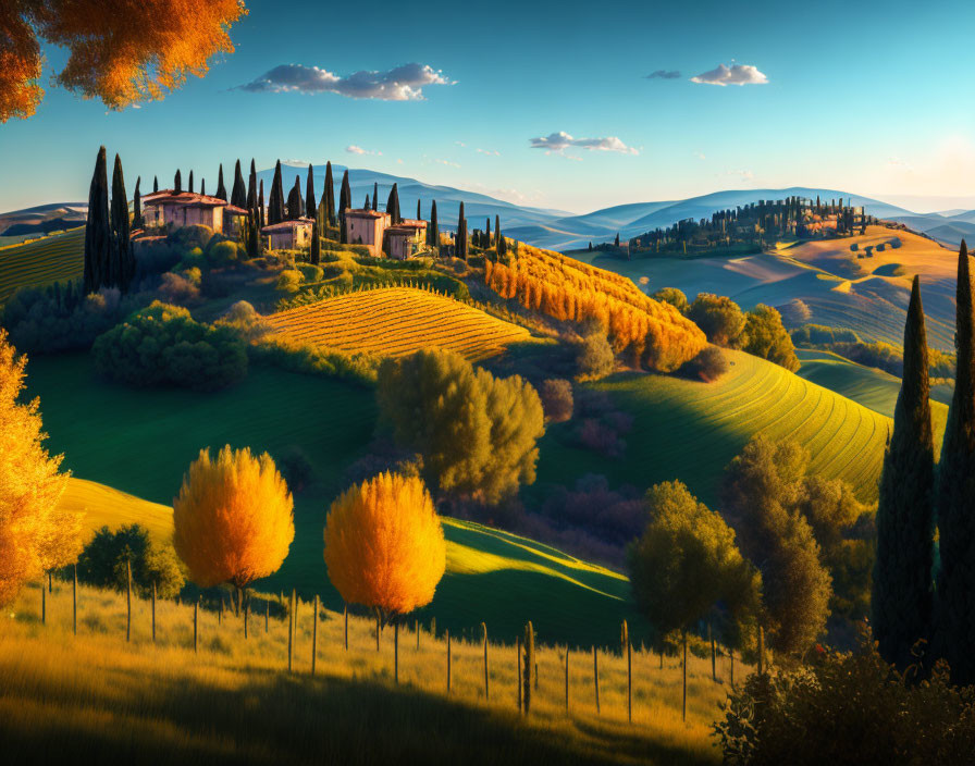 Vibrant green and gold Tuscan hills with traditional villa and cypress trees