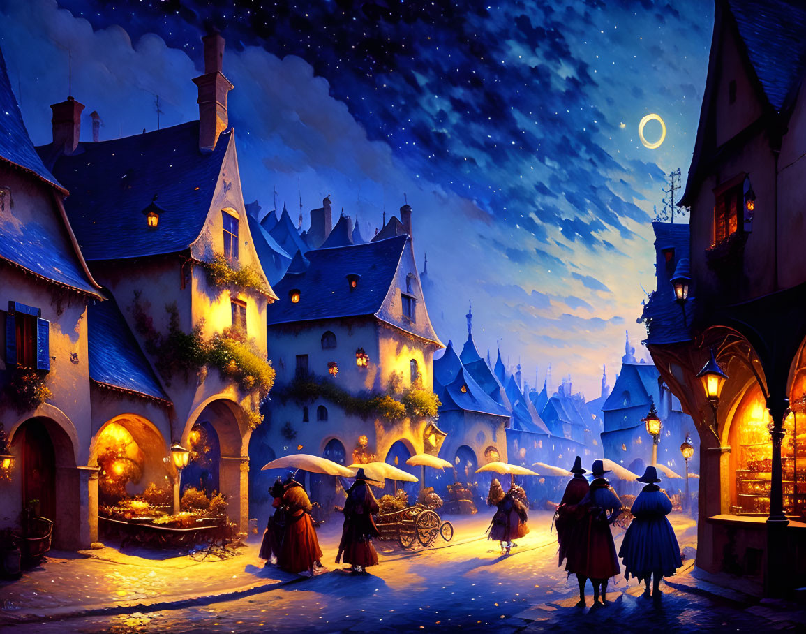 Whimsical starlit village scene with snow-covered roofs and townsfolk under crescent moon