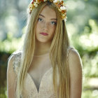 Blonde Woman in White Lace Dress with Flower Crown in Forest