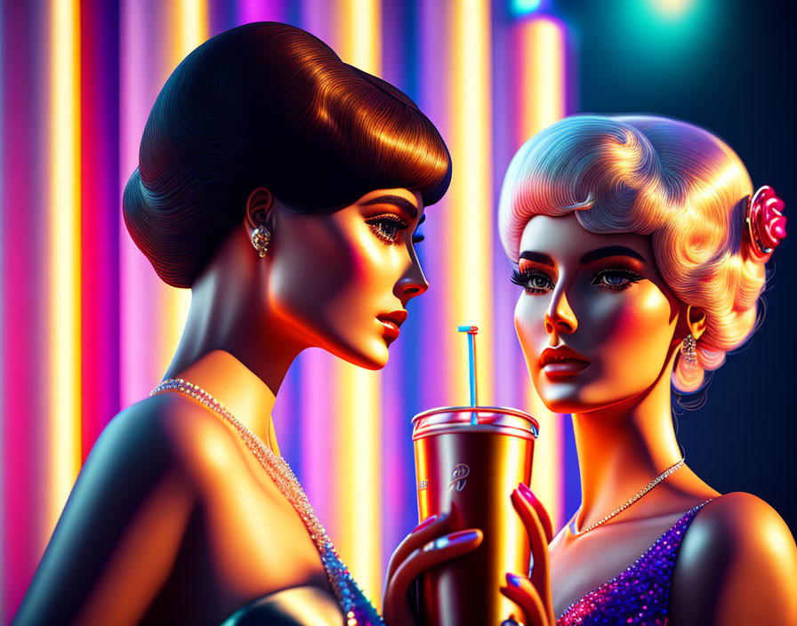 Stylized female figures in vintage attire against neon-lit background