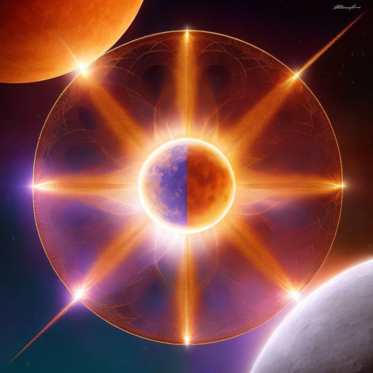 Colorful celestial artwork with radiant star, orange planet, and grey moon