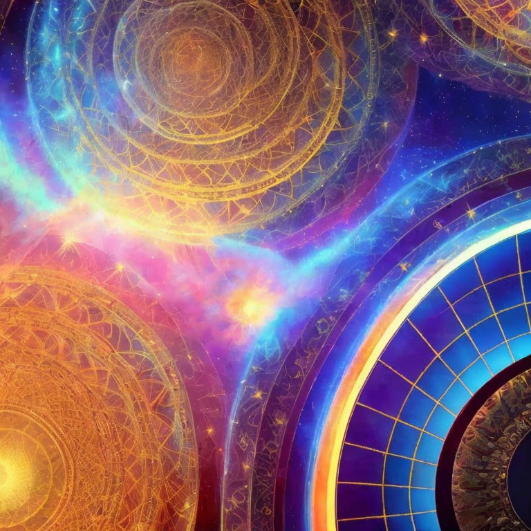 Vibrant cosmic scene: golden spirals, blue circular structures, nebula, stars.