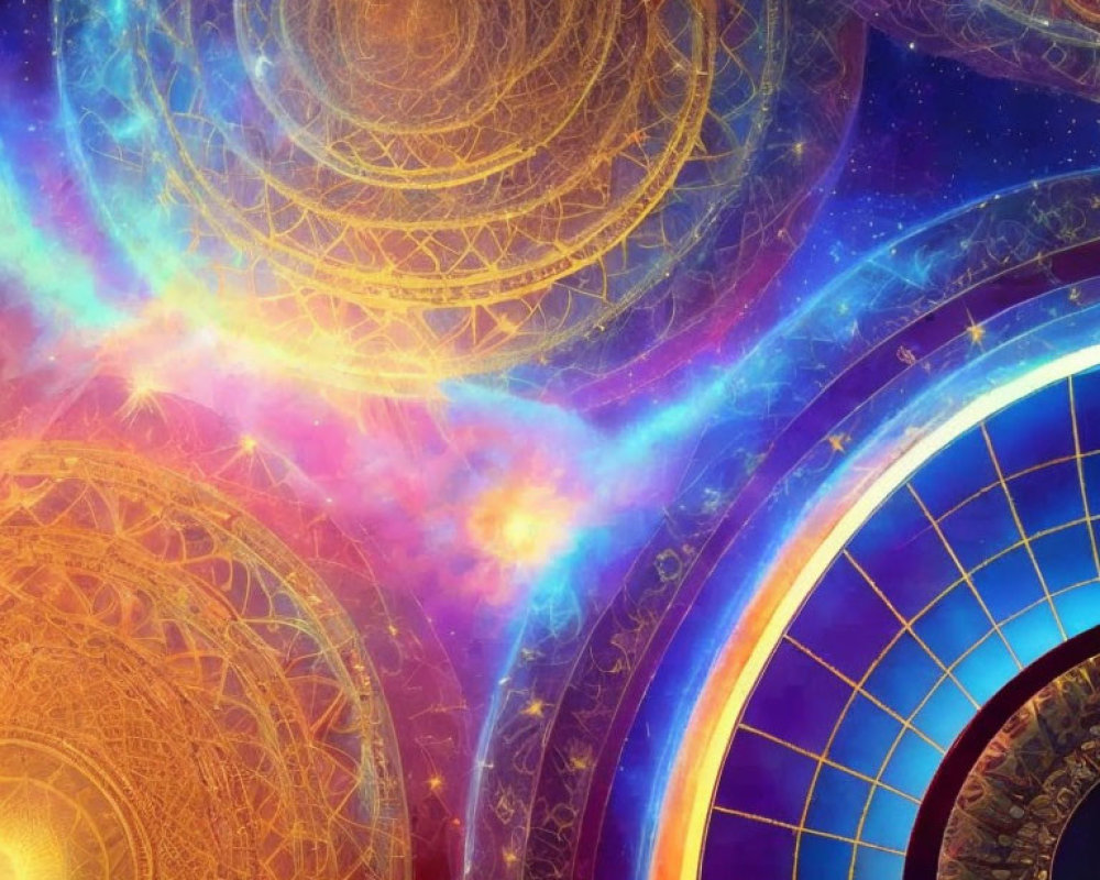 Vibrant cosmic scene: golden spirals, blue circular structures, nebula, stars.