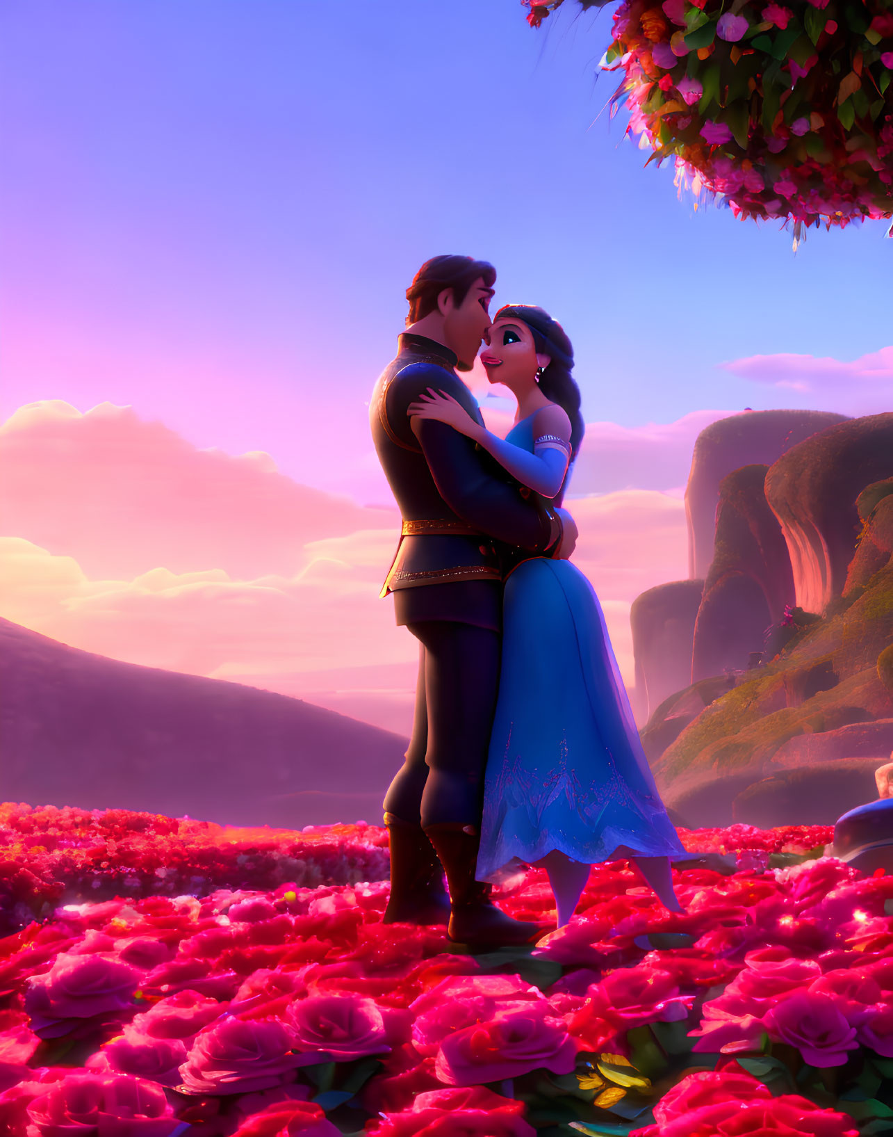 Animated characters in royal attire embrace in a romantic scene amid a vibrant red rose landscape.